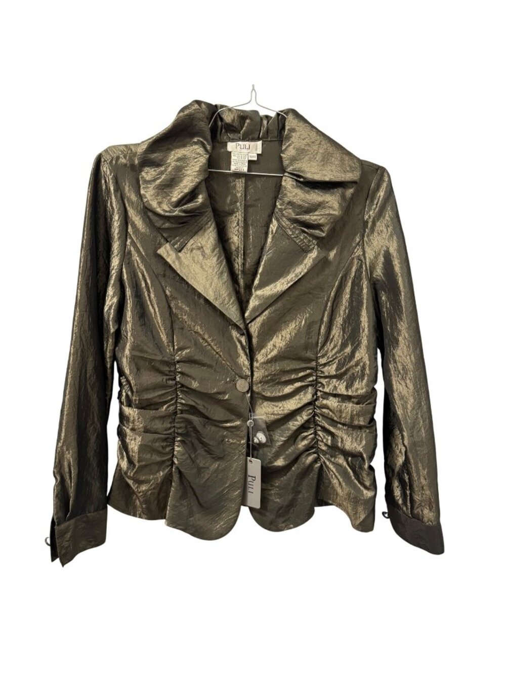 Puli Metallic  Ruched Jacket With Dramatic Collar Sz 14 lightweight NWT